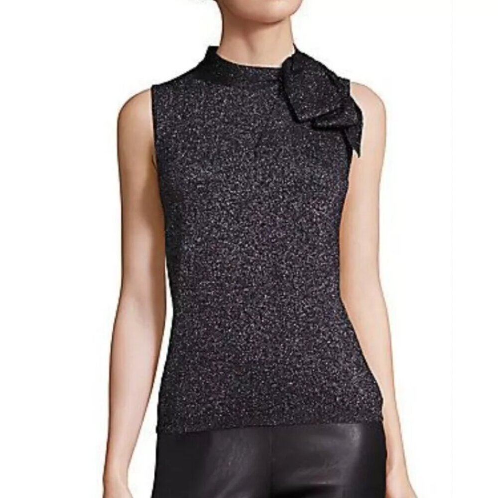 Saks Fifth Ave Sweater Tank Womens Large Black Sleeveless Mock NeckTie Metallic